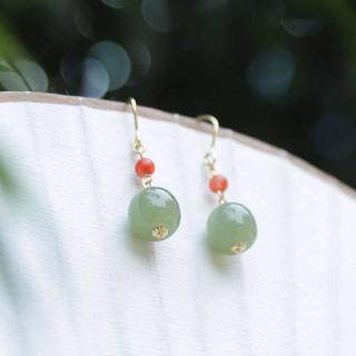 和田玉青玉如意耳坠 14k包金diy女款玉石耳钉耳饰品 简约大气